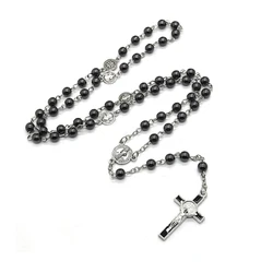 QIGO St. Benedict Black Hematite Catholic Rosary Necklace Cross Necklace Religious Ornament Prayer Jewerly