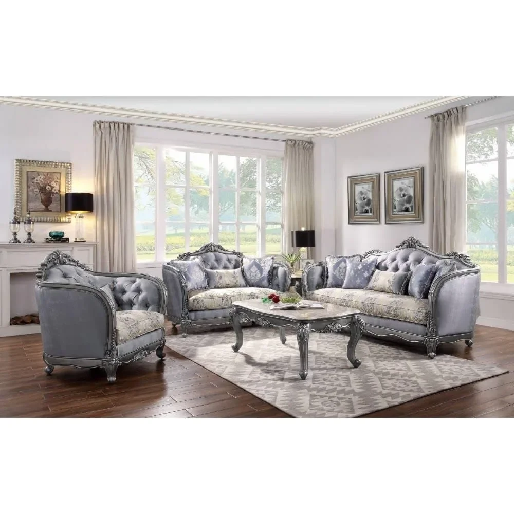 

Upholstered Sofa ， Fabric Tufted Sofa With 5 Pillows In Platinum Gray 39"D x 89"W x 45"H