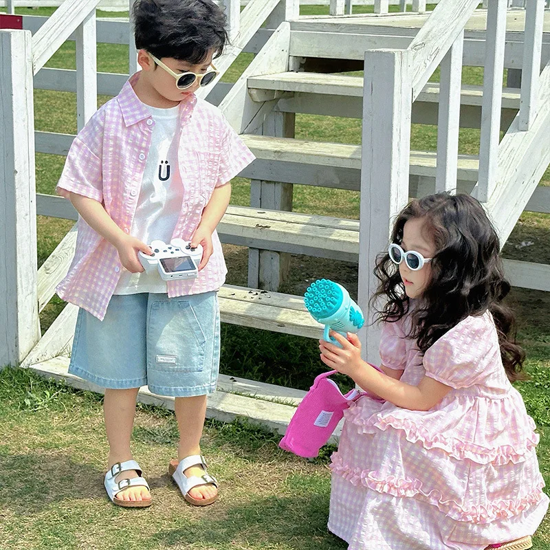 Brother Sister Matching Pink Plaid Outfits Holiday Look Baby Twin Clothes Little Girl Dresses Kids Boy Shirts Sibling Clothing