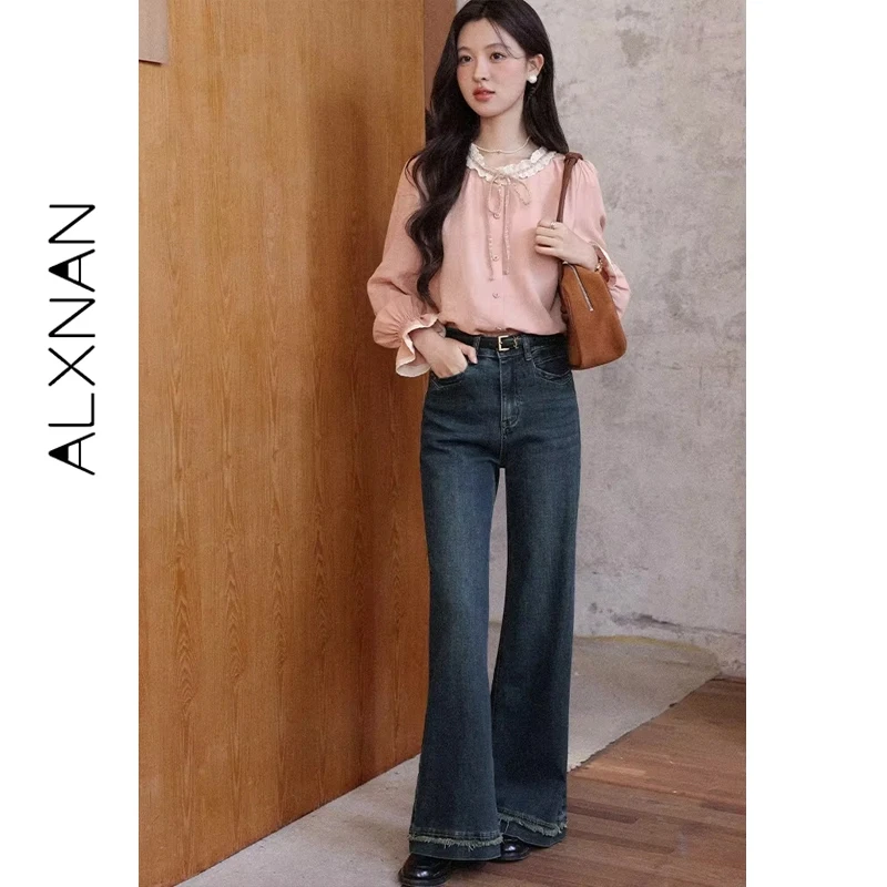 

ALXNAN Pink Shirt Ruffled Lace-paneled Shirt Bow Tie Cute Lyocell Shirts 2025 Fall Casual Loose-fit Long Sleeve Blouses L57325