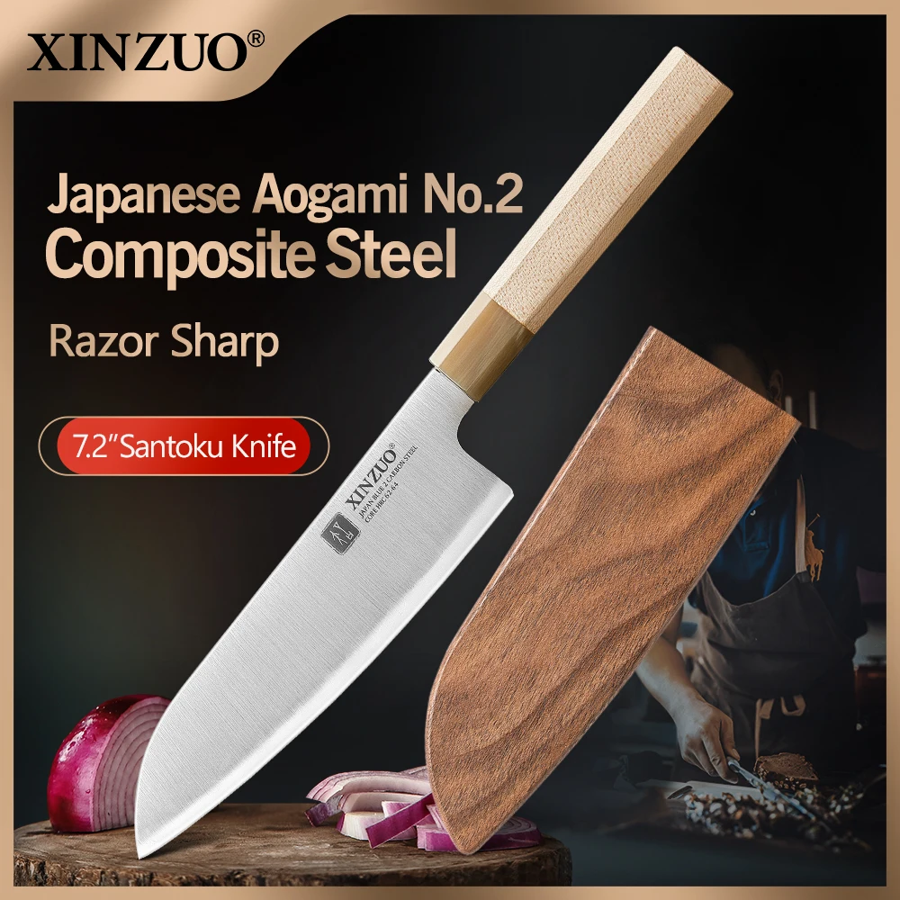 XINZUO 7,24-дюймовый нож Santoku Sanyo Riki Aogami No 2 Сталь 62-64 HRC Ручка из кленового дерева с рогом буйвола и подарочной коробкой