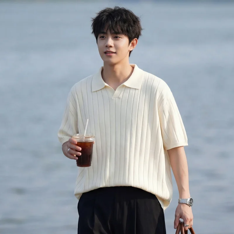 Men's Summer-Feel Solid-Colour Polo Shirt Short-Sleeved Knitted T-Shirt Soft Stretch Fabric Ribbed Texture