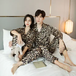 Leopard Pajamas Suit Nightwear Lover Loose Nightgown 2PCS Tops&Pants Satin Men&Women Sleepwear Intimate Lingerie Home Clothing