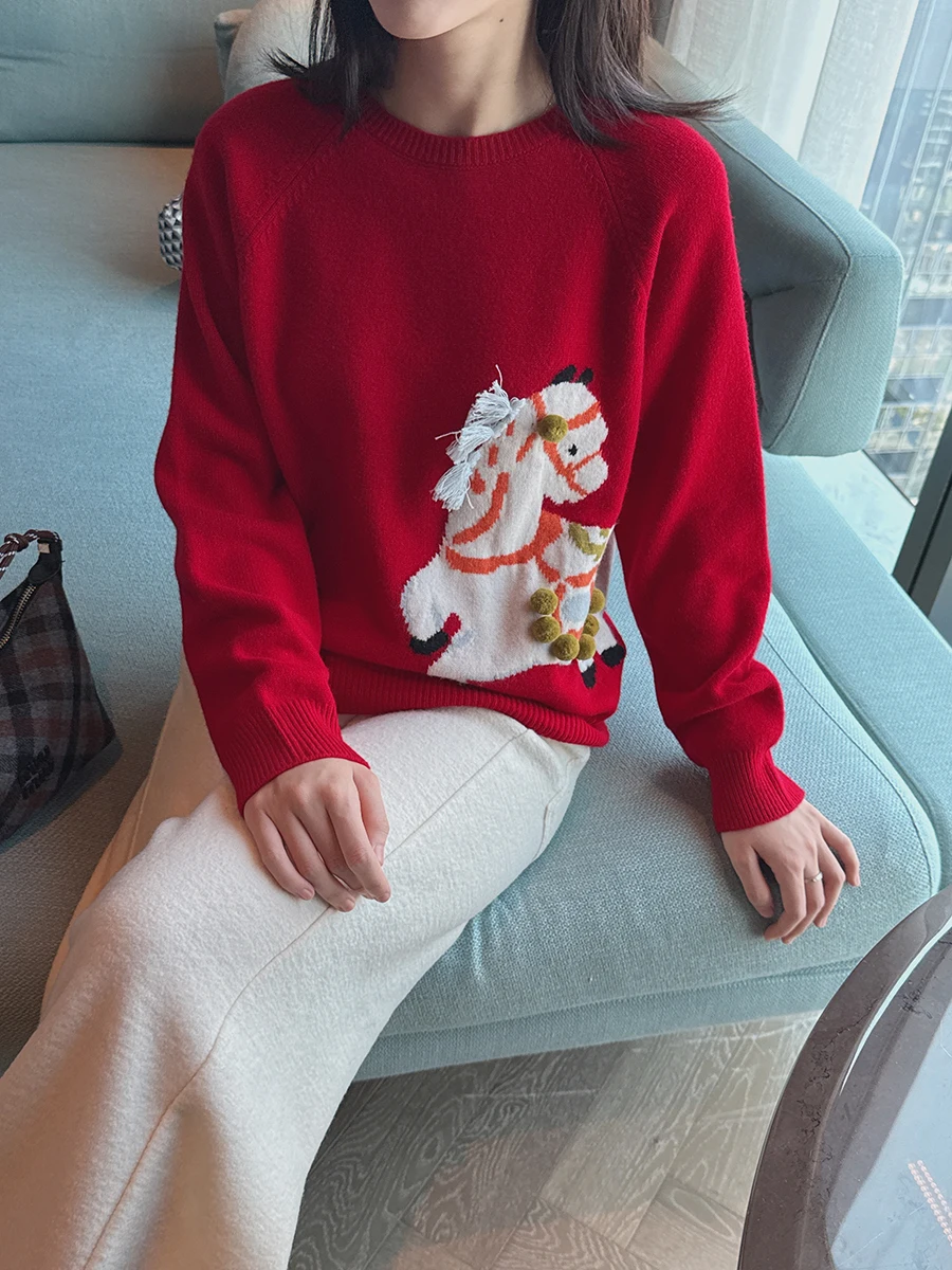 

Retro Sle Long Sve Women's Knitted Sweater round Ne Bright Red Color Five- Totem Design Woolen Faion Springwear
