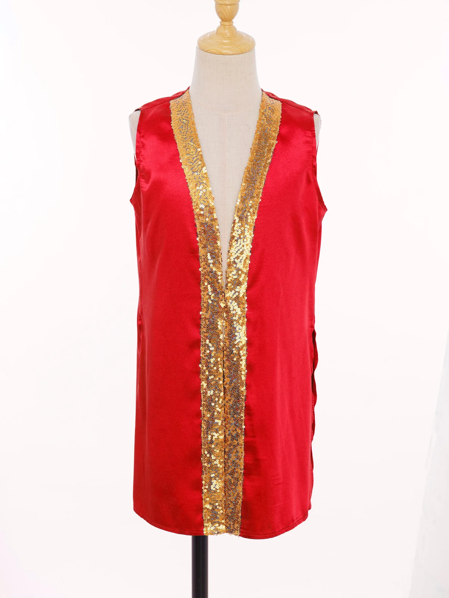 

Kids Girls Liturgical Praise Dance Outfit Sleeveless Sides Split Sequins Satin Vest Coat+Long Sleeve Maxi Dress Worship Robe Set