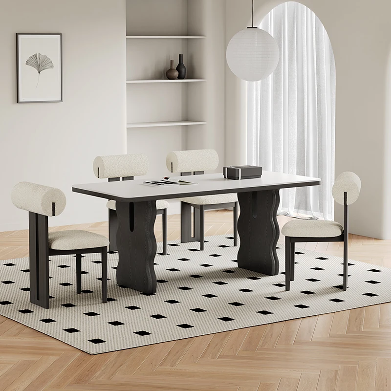 خشب متين من العصور الوسطى، طاولة طعام فاخرة خفيفة، طاولة طعام مستطيلة على الطراز الفرنسي، طاولة طعام من بلاطة الصخور البيضاء #2