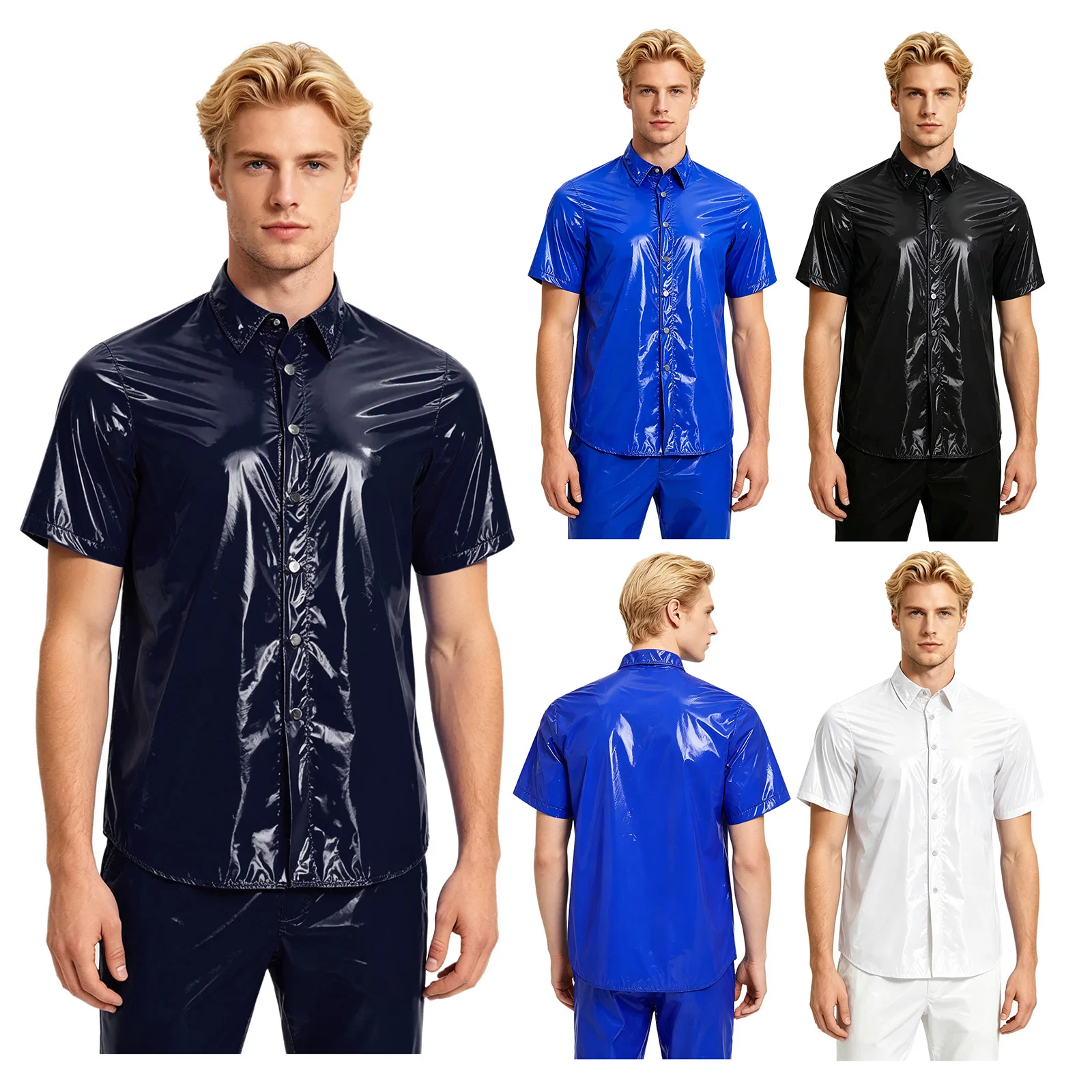 

Mens Waterproof Wetlook PVC Short Sleeve Shirt Glossy Button-Down Top Wet Look T-shirt Waterproof Wetlook PVC Blouse Clubwear