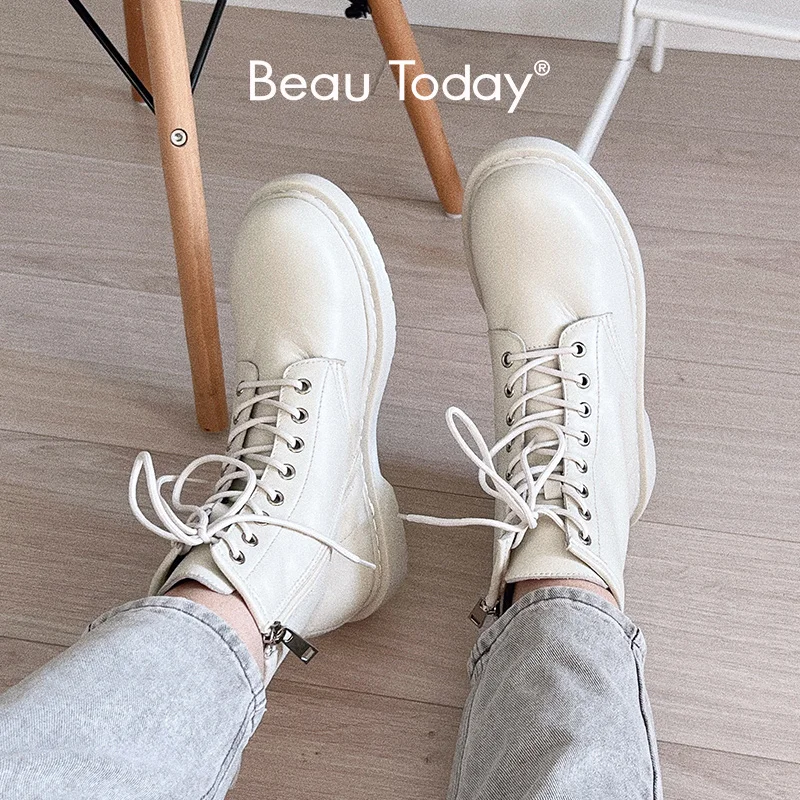 Beau Today Cow Leather Shoes For Women Side Zip Lace-Up Ankle Combat Boots With Fur Solid For Ladies On Winter Handmade A04218