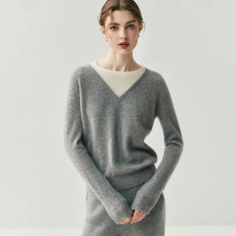 Damen-Pullover aus 100 % Kaschmir, rund, V-Ausschnitt, gefälschter zweiteiliger Farbblock-Pullover, Basic, weiche Kaschmir-Strickwaren, Herbst-Winter-Top