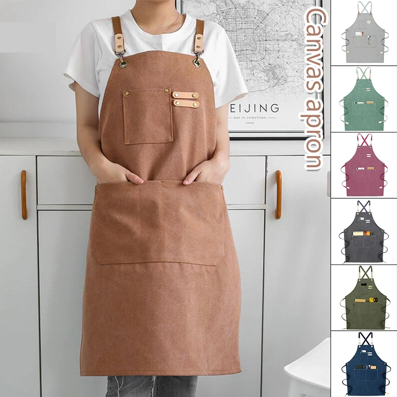 

Kitchen Apron Heavy Duty Canvas Barber Work Aprons Unisex Cross Straps Adjustable Salon Hairdresser Bib Apron With Pockets