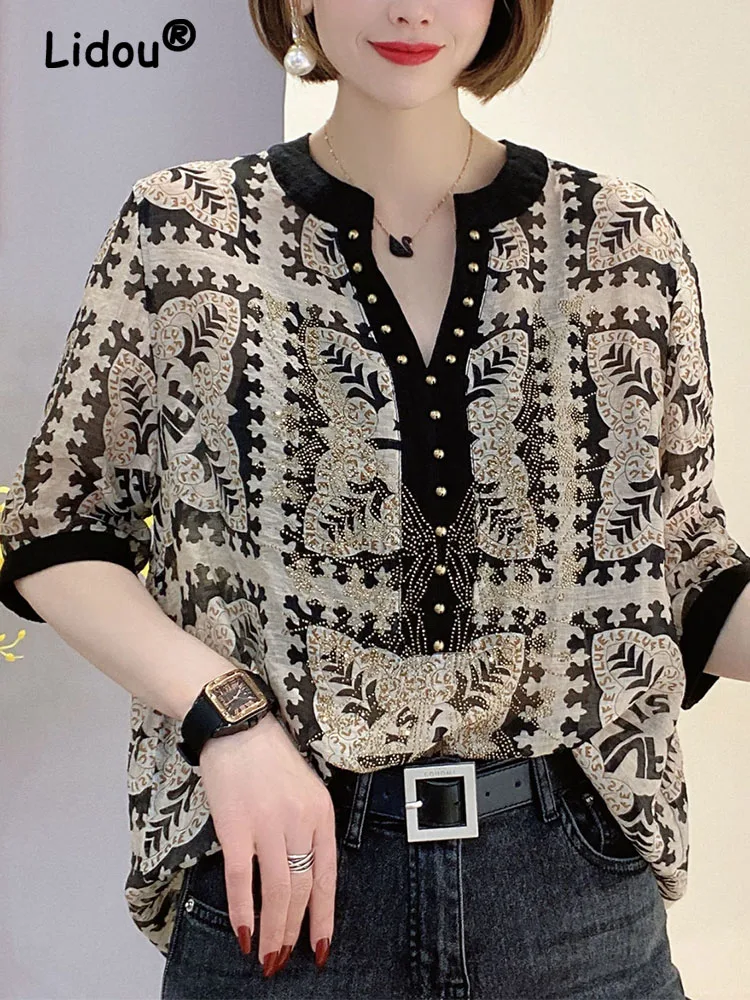Elegancka moda Nit Casual Printing Diamonds Diamonds Pullovers 2024 Nowa letnia koszulka z krótkim rękawem Luźny temperament T-Shirt