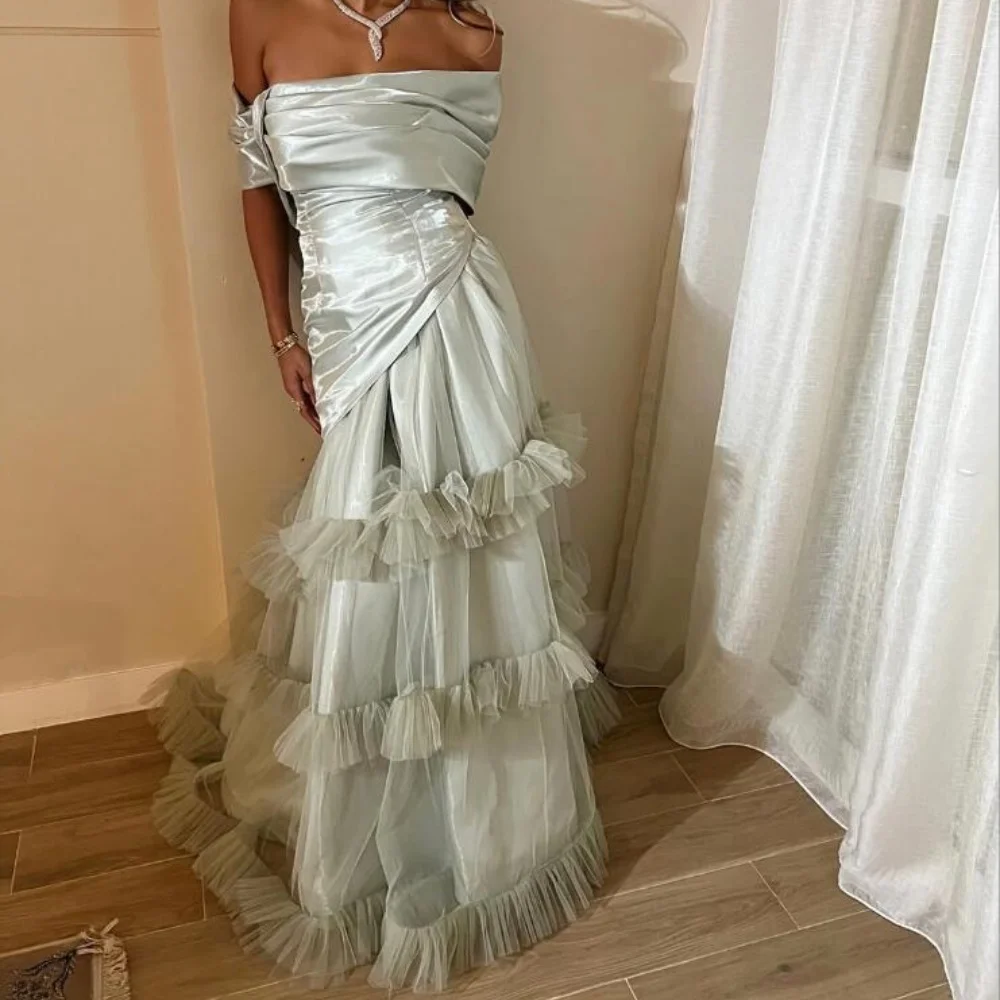 

Customized A-line Off-the-shoulder Draped Bespoke Occasion Dresses Ruched Sweep Train Backless Evening Dresses Pleat Prom Gown