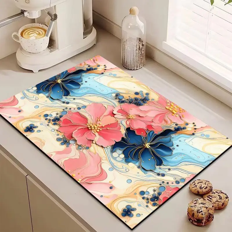 VIKAMA 3D Paper Art Floral Tableware Drainer Mat Absorbent Quick Dry Coffee Maker Mat Non Slip Kitchen Countertop Sink Decor