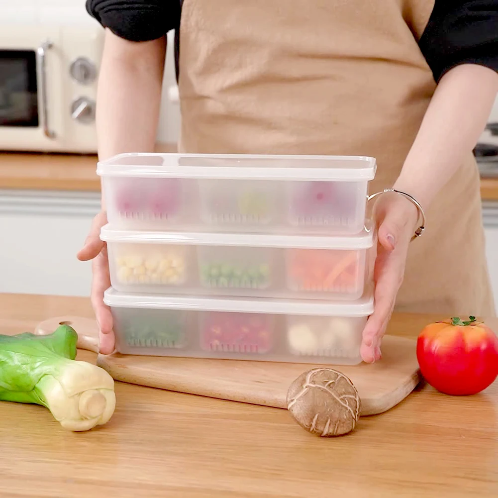 Transparent Food Storage Case with Sealing Lid, Refrigerator Organizer, 3 Grids Container, Kitchen Accessories