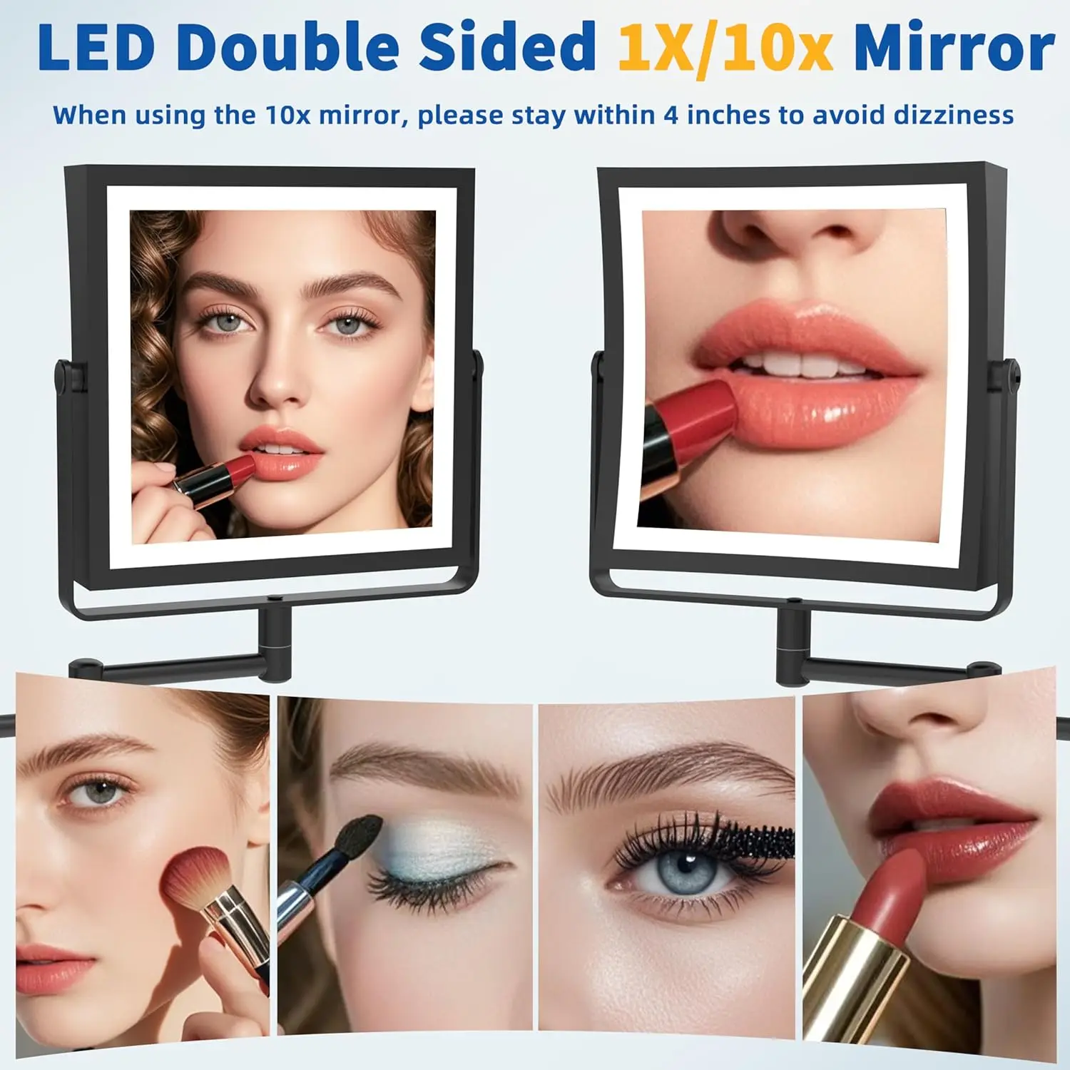 Rechargeable Wall Mounted Makeup Mirror with Lights, Double Sided 1X/10X Magnifying Vanity Mirror, Touch Screen Dimmable