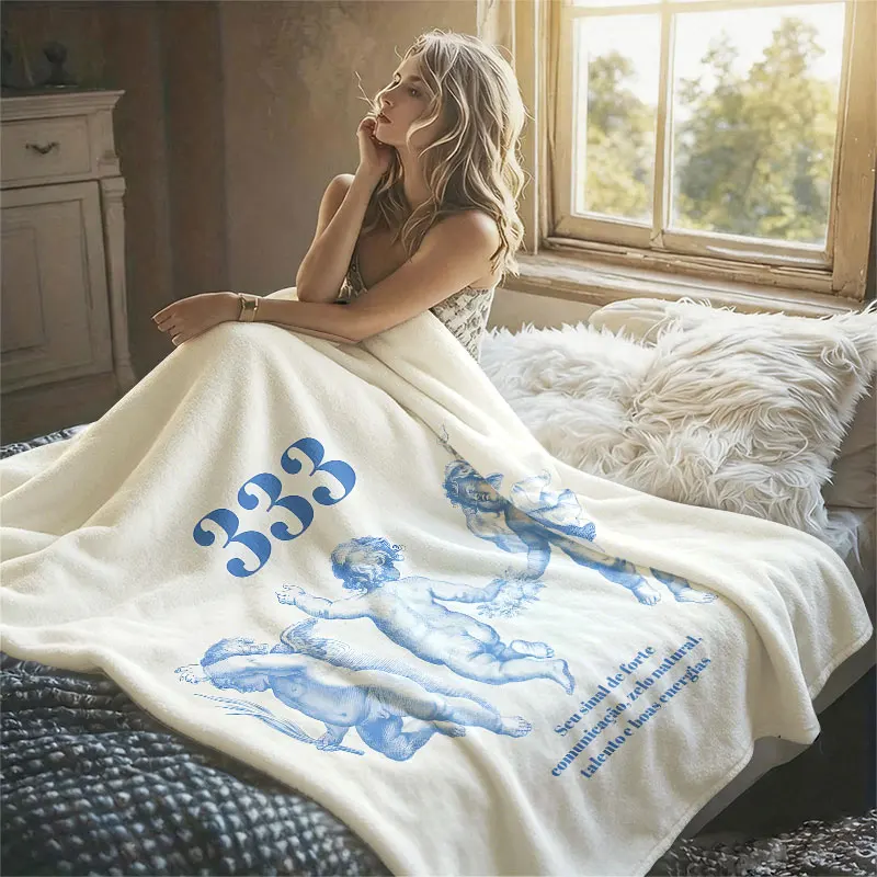 Angel 333 Cherubs Blue Flannel Blanket Perfect for Sofa Office Bed Travel Sleep Read Relax Camping Four Season Use