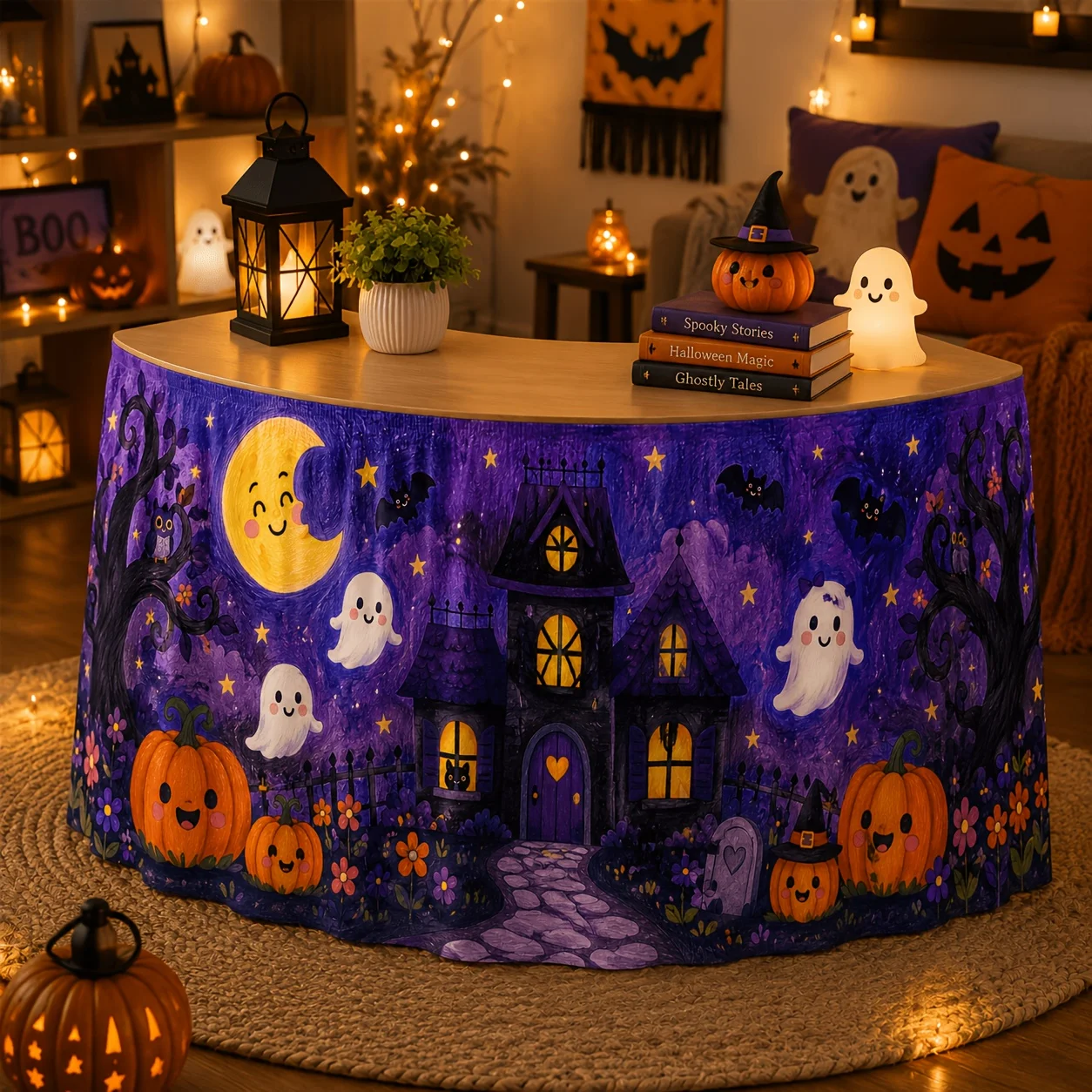 One tablecloth or table skirt, a cute and eerie Halloween table skirt, with textured crayon ghost house smiling pumpkin design