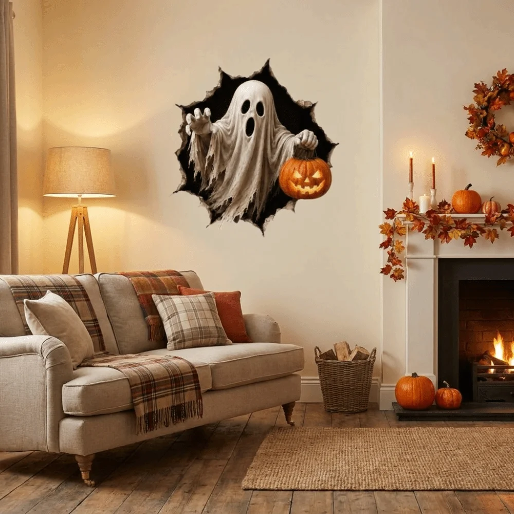 2D Flat Ghost Pumpkin Wall Decal Self-Adhesive Waterproof Crash Through Wall Decals Realistic Spooky Pumpkin Door Sticker