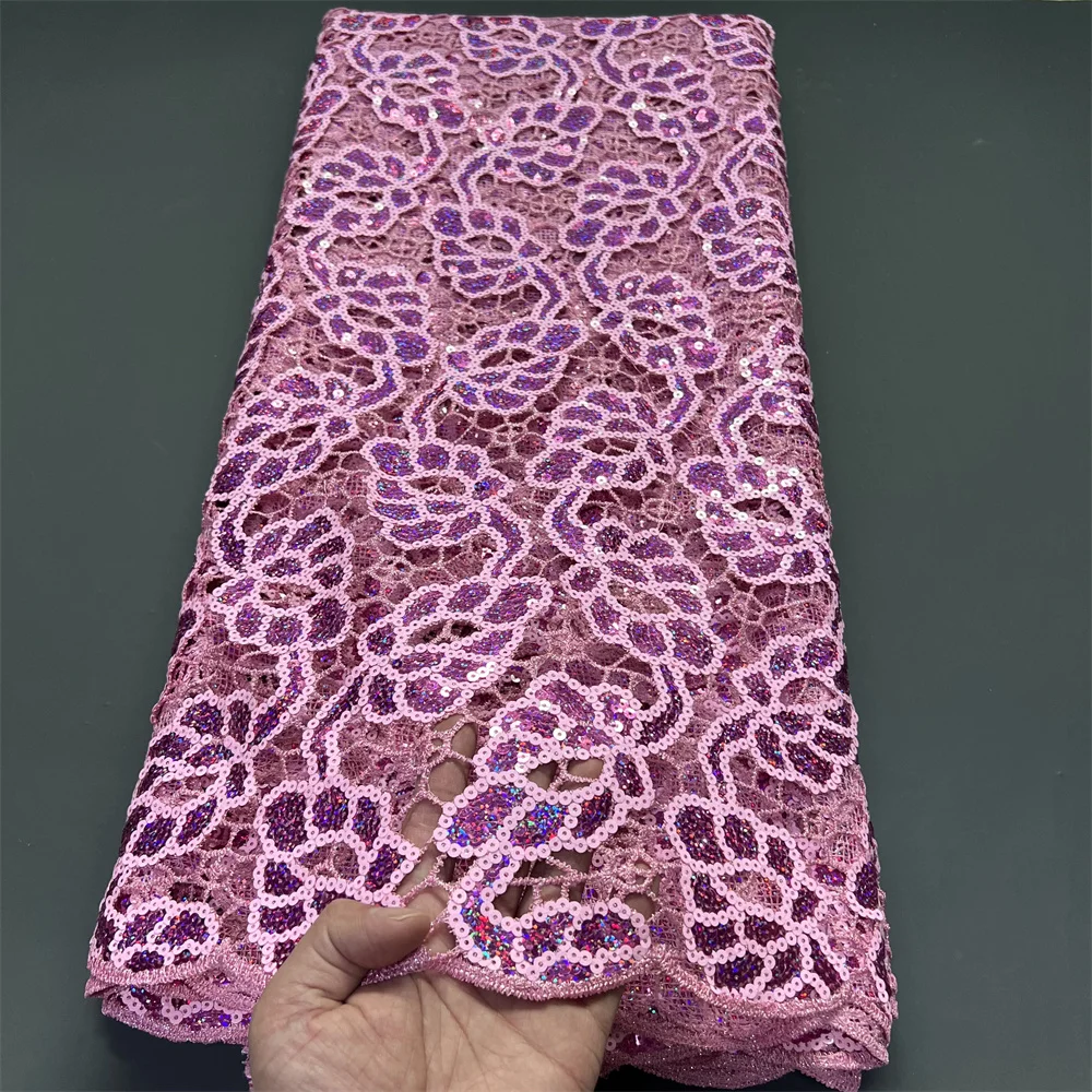 

2026 High-Quality Nigerian Africa Tulle Lace Fabric for Wedding Dress Embroidery Sewing Sequins Party Chiffon 5Yard PS0079