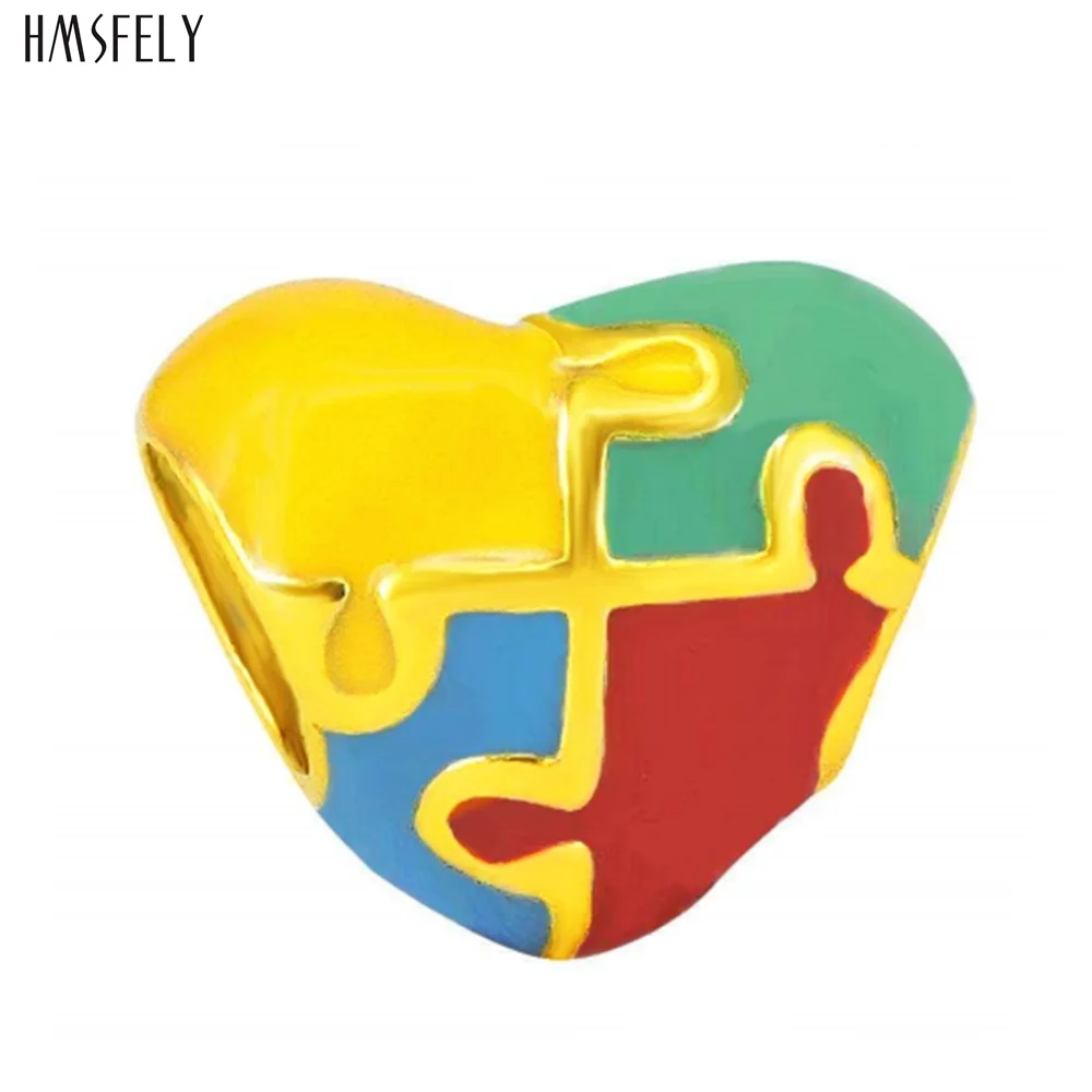 HMSFELY jigsaw Design Heart Charm Beads For DIY Women Bracelet Jewelry Making Accessories Bead 316l Stainless Steel Beads