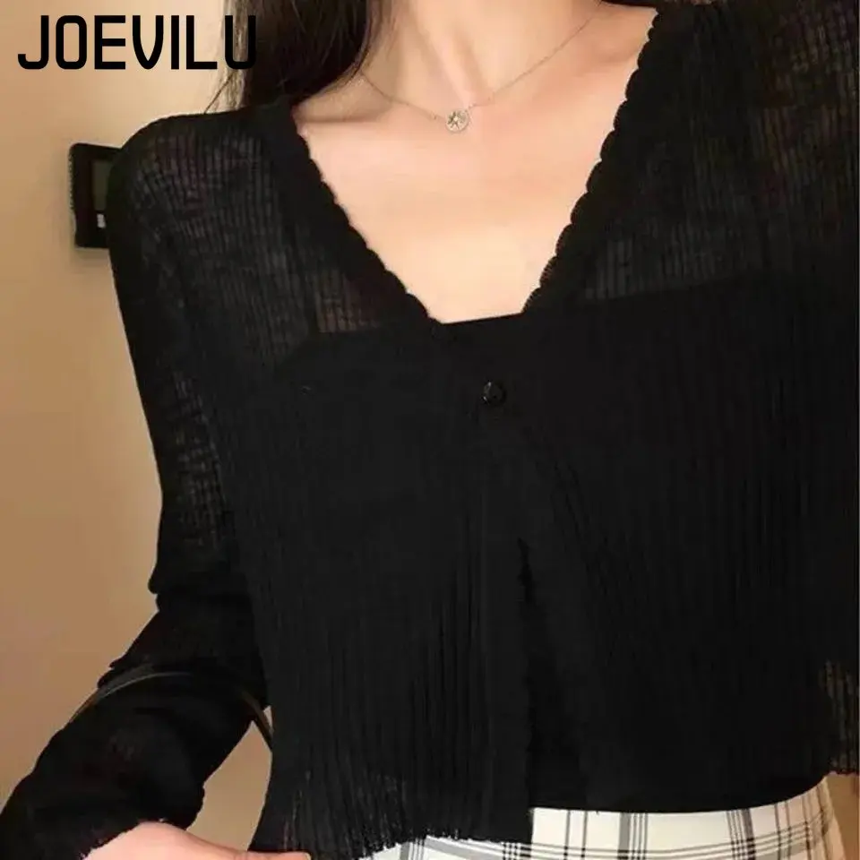 JOEVILU Thin Sunscreen Shirt Women\'s Summer Outerwear Crop Tops Hollow Out White Long-sleeved Cardigan Elegant Casual Shawl Coat