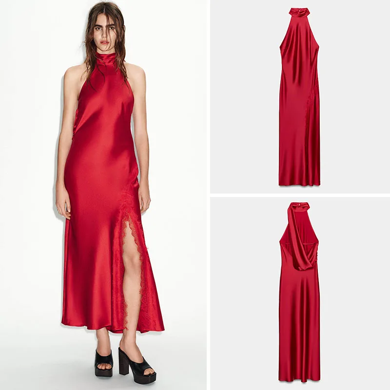 

Sexy Red Lace Splice Innerwear Sle Dr ZA2026 Spring New Women's Faionable Ethnic Costume Stage Performance Dr