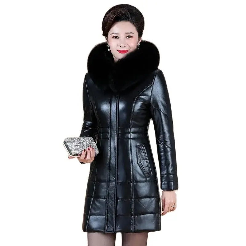 New Middle-aged And Elderly Women's Leather Bown  Keeps Warm In Winter, And The Long Fashion Mother Haining Leather Coat.