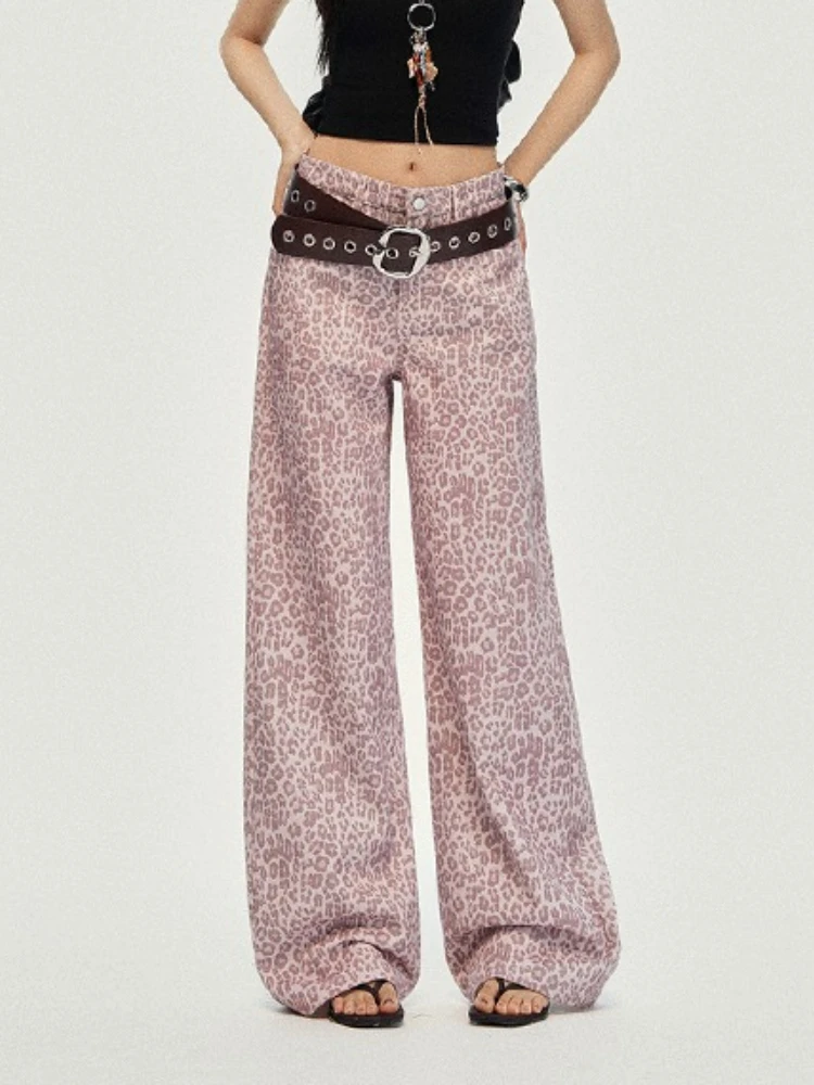 Women's American Retro Stitching Leopard Print Jeans Streetwear Hip-hop Loose Straight Trousers 2026 New Y2K Wide Leg Denim Pant