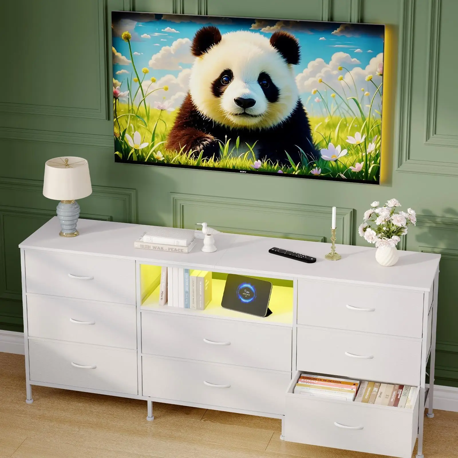 

Шкаф для хранения Hall Storage Cabinet, 63 дюйма в ширину, модель 2026 года | Тумба под телевизор с 8 тканевыми ящиками, стальная рама.