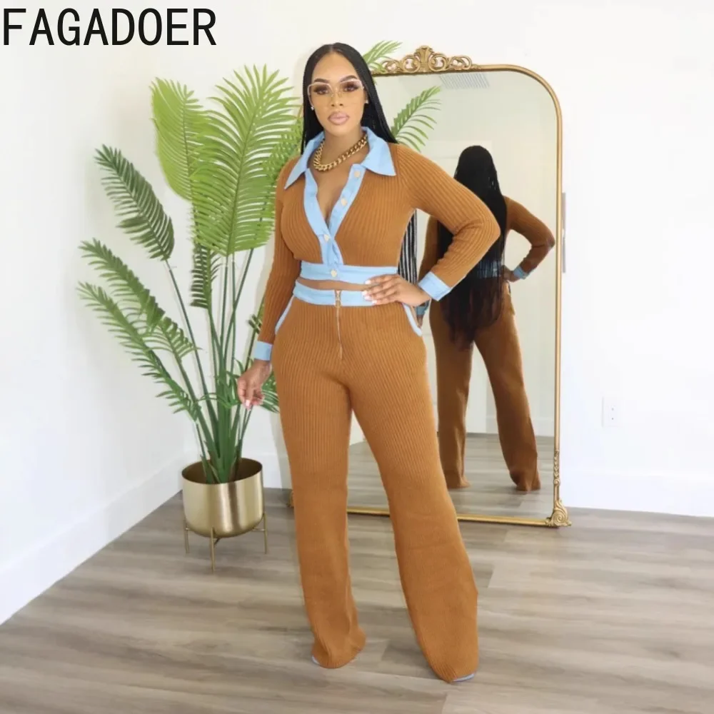 FAGADOER Rib Knit 2 Piece Sets Women Outfit Elegant Lapel Buttons Long Sleeves Crop Top And High Waist Leggings Suits Officewear