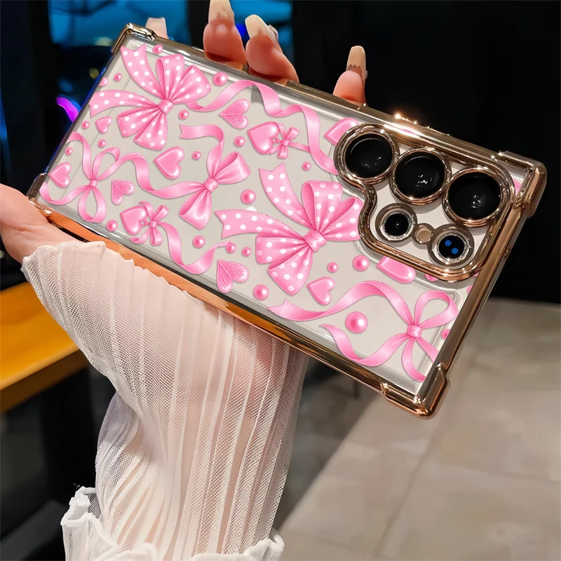 Pink Heart Bow Pattern Case For Samsung Galaxy S23 Ultra S22 Plus S21 FE S20 Drop Resistant Slim Lightweight Silicone Cases Etui