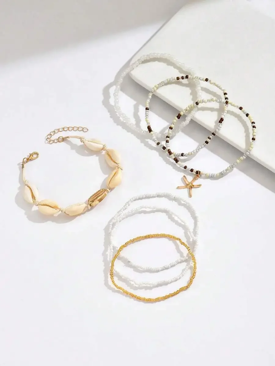 7pcs Boho Style Seed Bead, Shell, Starfish Decor Anklet Set For Women Girls, Beach Summer Vacation Party Wear Accessories view 4