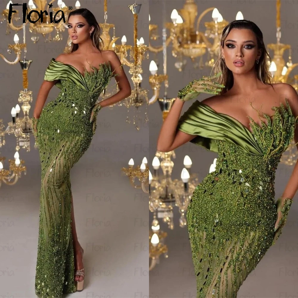 Floria Full Beading Sage Green Midi abito da sera lungo con spalle scoperte abiti da sposa di lusso per gli ospiti abito da sposa formale abito da compleanno