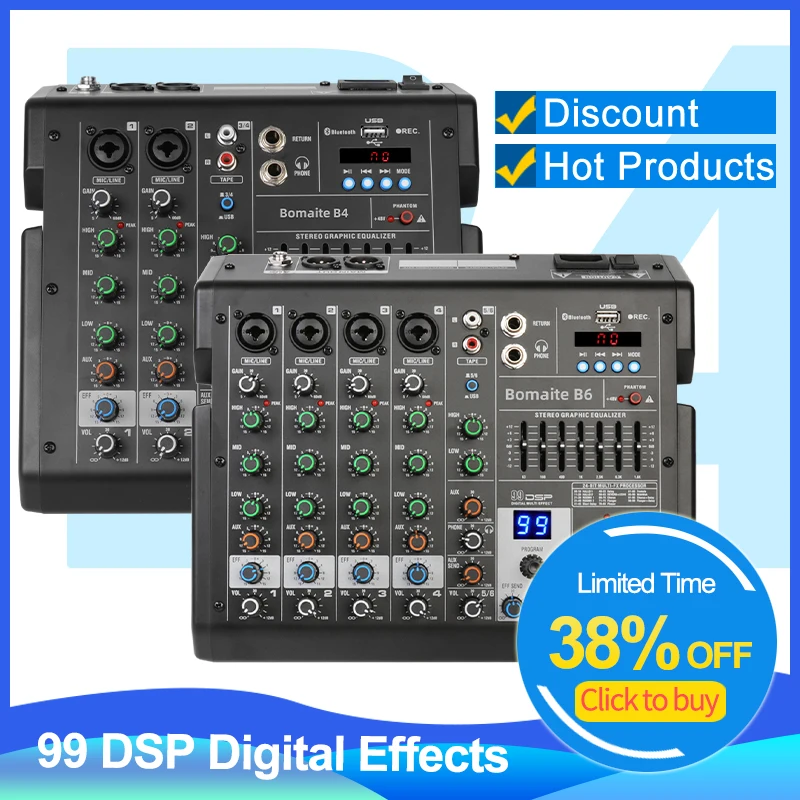 

4 Channels Audio Mixer Depusheng B4 Sound Table Professional DJ Mixing Console Built in 99 DSP Digital Effects 48V Phantom Power