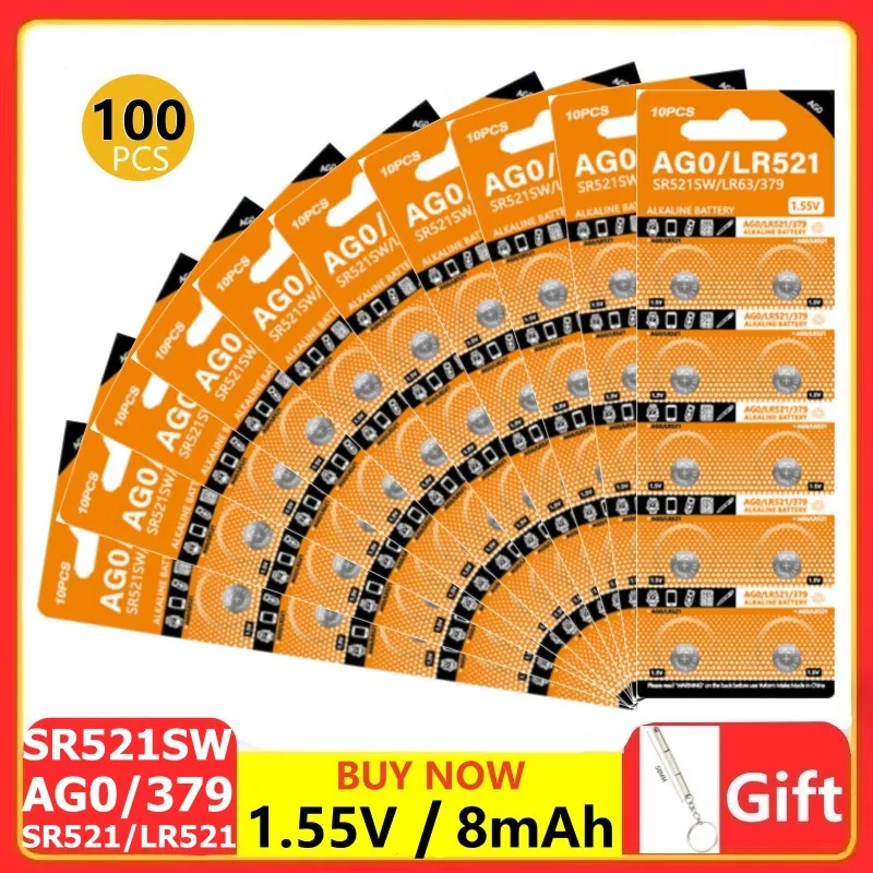 100pcs NEW Alkaline Battery AG0 379 Button Batteries SR63 LR69 LR521 379A SR521SW D379 Electronic Toys Movement 1.55V Coin Cell