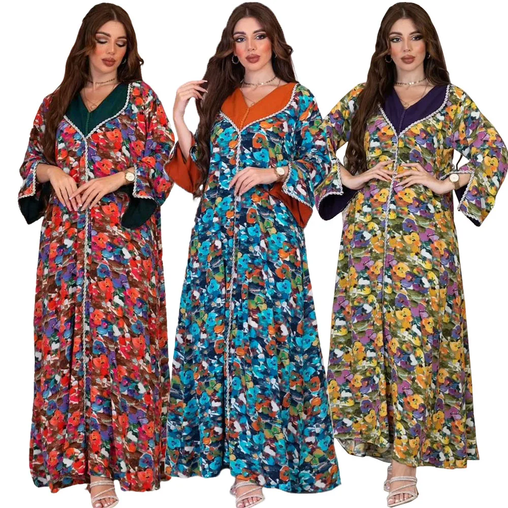 

Dubai Abaya Luxury For Muslim Womens 2024 Summer Fashion Diamonds Floral Print Long Sleeve Dress Ramadan Arabian Clothes Women