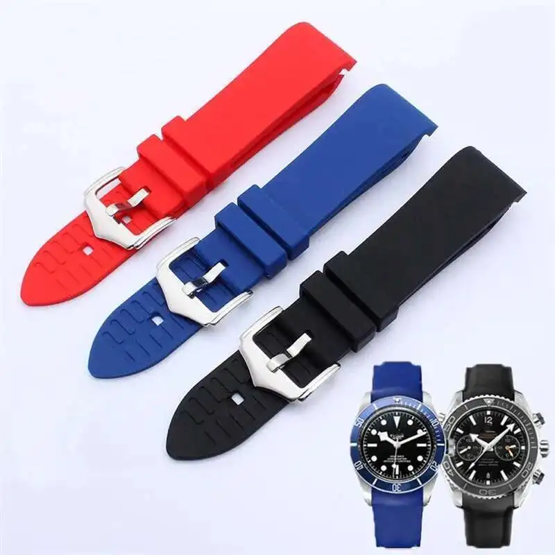 Durable Universal Black Blue Red Soft Silicone Rubber Watchband 20Mm 22Mm Curved End Waterproof Strap Fit For Diver Brands Watch