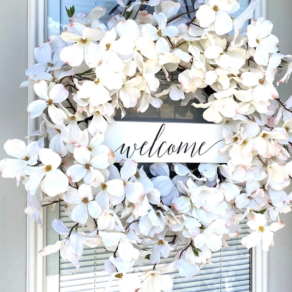 Easter Wreath Garland Decoration, White, Cornus Officinalis, Welcome Sign, Artificial Flower, Circle Door, Wall Hanging Pendant