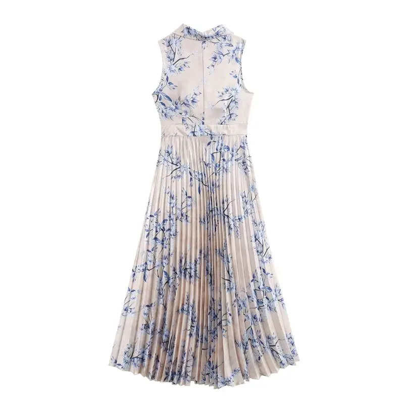 فستان صيفي 2024 نسائي متعدد الاستخدامات بتصميم زهري من الساتان، تنورة طويلة بدون أكمام، ياقة بدلة مطوية، فستان ماكسي أنيق وفاخر #1