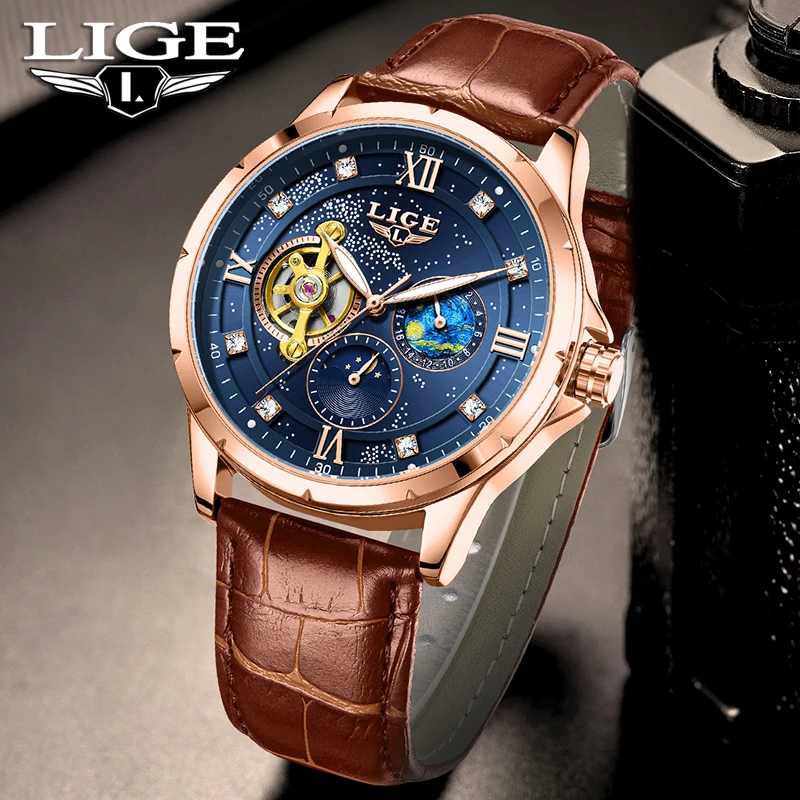 

LIGE модные автоматические мужские часы с бриллиантами, роскошные механические часы, мужские водонепроницаемые светящиеся наручные часы 30 м, мужской подарок Reloj 2026