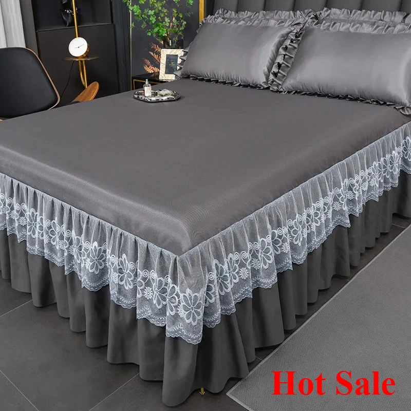 2025 version of ice silk cool bed skirt solid color sleeping naked summer mat three-piece protective machine wash bedspread