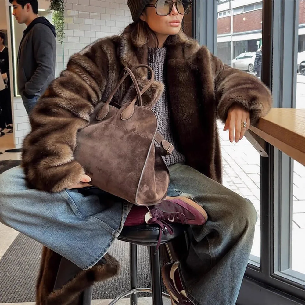KIDCRKJ Winter Vrouwen Kunstbont Jas Enkele Breasted Pluizige Faux Lange Bontjas Voor Lady Revers Vrouwelijke Pluche Bontjas