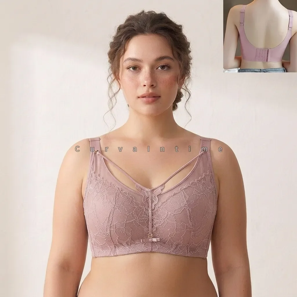 Plus Size Floral Lace Wireless Adjustment Bra Women Back Closure Full Coverage Push Up Gather Side Support Breathable Lingerie