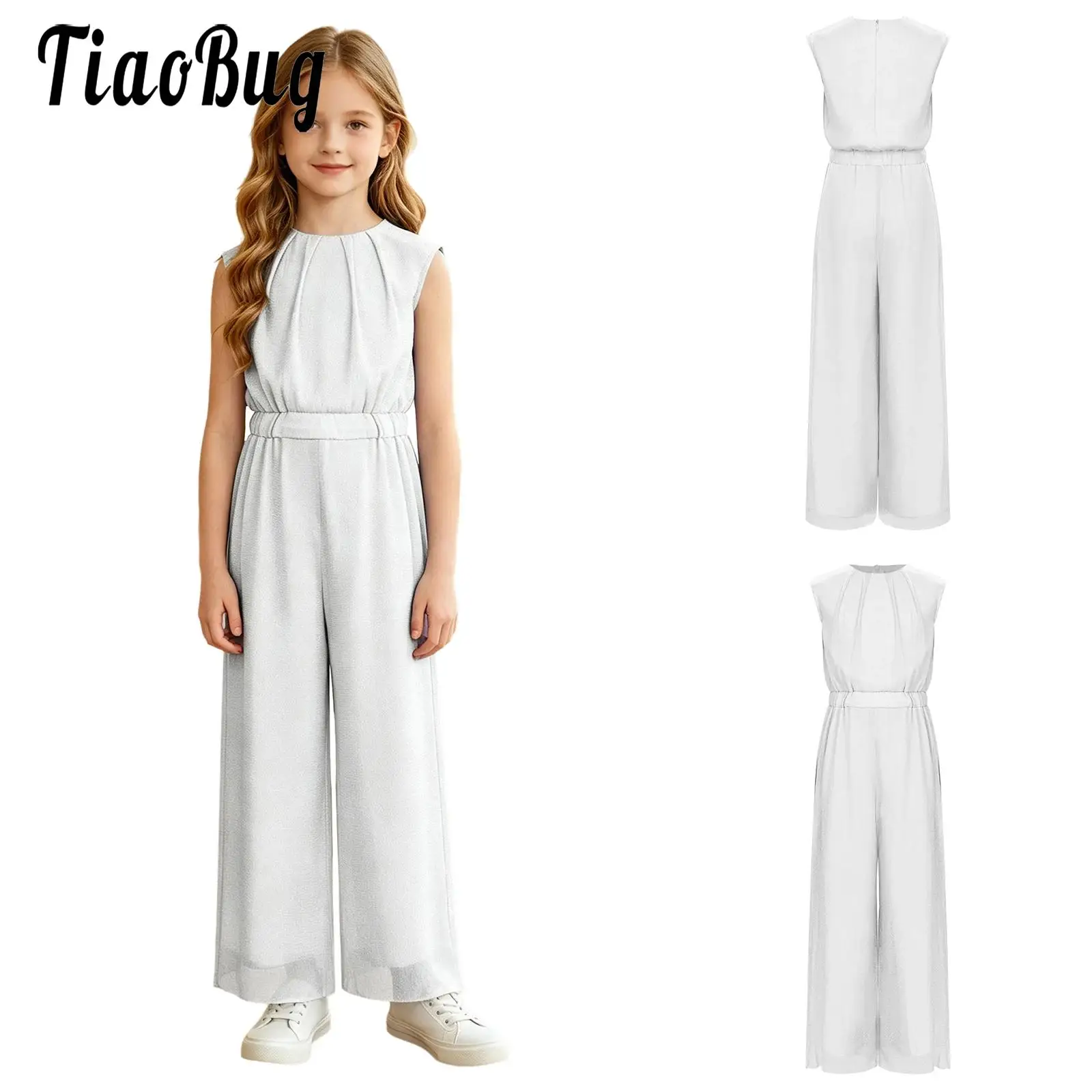 Kids Girls Elegant Shimmery Mesh Leotards Jumpsuit Sleeveless Zipper Elastic Waist Double-layer Romper for Parties Photography