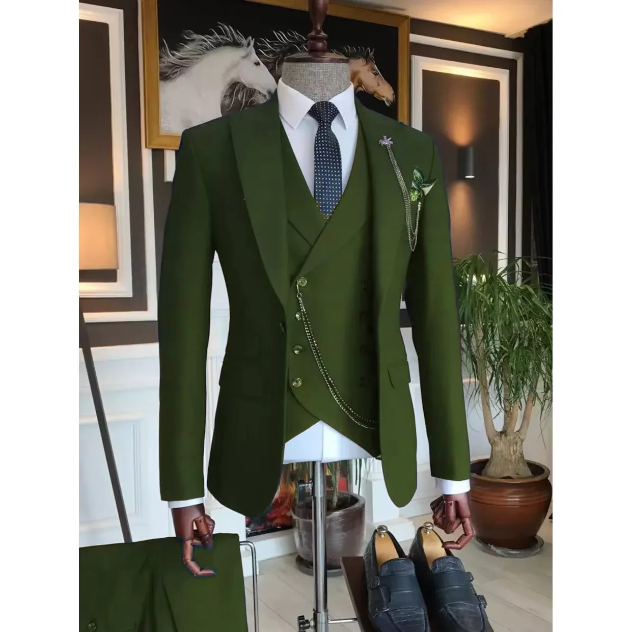 Blazer de luxo masculino ternos azul marinho único breasted xale lapela fino ajuste negócios casual jaqueta de casamento calças colete três peças