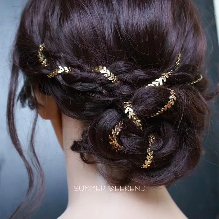 French Vintage Wheat Hair Chain for Women, Summer, Versatile Updo Hair Accessory, Ponytail Clip & Hairpin, Crystal Gold Leaf