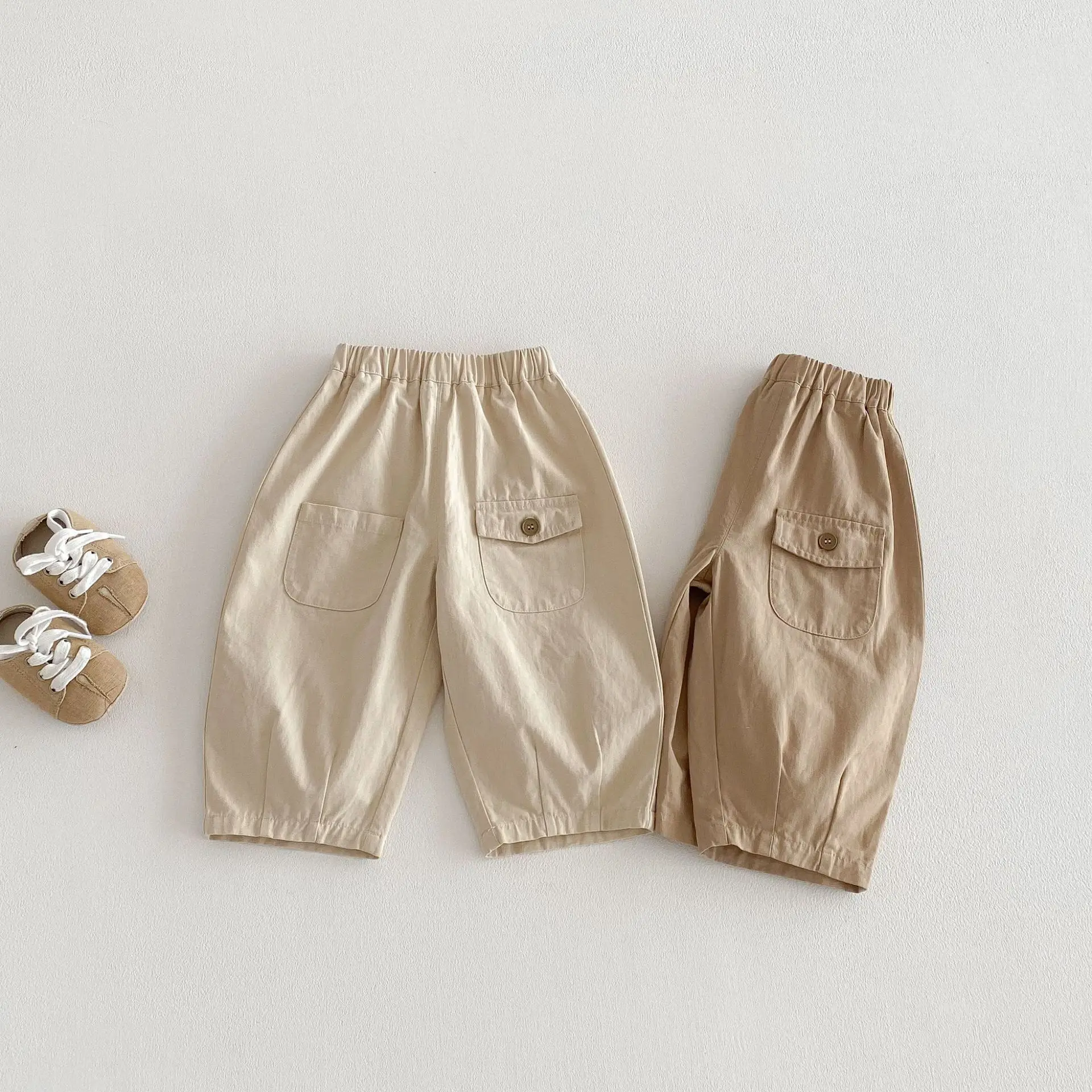 2026 Spring 0-5Y Kids Cargo Pants Korean Style Boys Soft Relaxed Fit Pants Children Elastic Waist Trousers