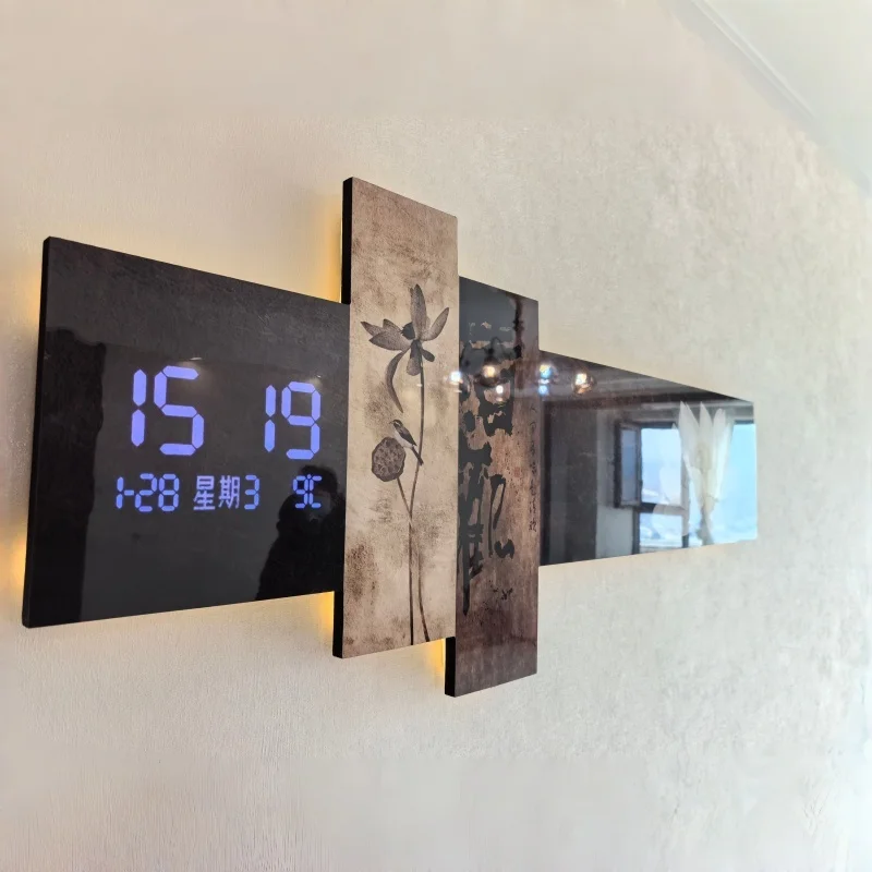 Middle Ancient Style Living Room Decoration Painting Electronic Clock Tea Room Background Wall Hanging Clock Wall Lamp Painting