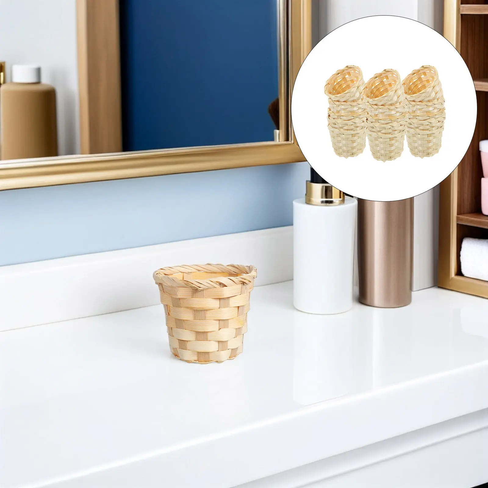 15Pcs Mini Bamboo Pen Organizer Woven Storage Basket Handmade Desk Holder Small Makeup Holder Home Office Party Favor Wedding