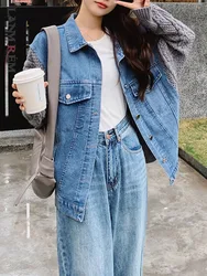 LANMREM Fashion Denim Patchwork Coat Lapel Knited Long Sleeves Single Braetsed Contrast Color Jacket 2024 Autumn New 2Z2359